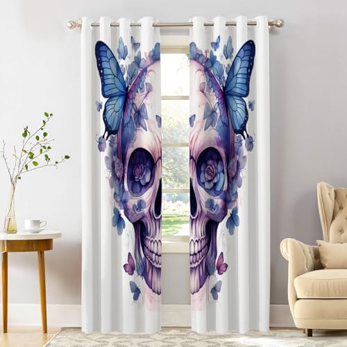 Shrahala Halloween Watercolor Skull Blackout Window Curtains, Purple Blue Gothic