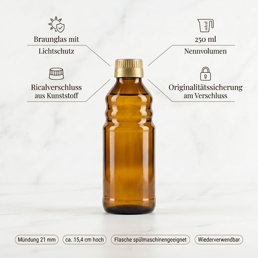 gouveo Set 24 bottiglie Rical in vetro da 250 ml con protezione antimanomissione e versatore - bottiglia vuota in vetro marrone per oli da cucina di alta qualità (RFR250G)