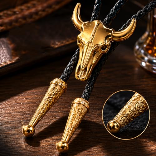 Image of Cowboy Bolo Tie for Men, Vintage Cow Skull Bolo Tie Necklace Native American Necktie for Men Women