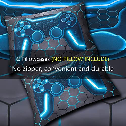 Keyroal 6Pcs Game Console Comforter Set With Sheets For Boys Girls Kids Teens, Geometric Gaming Themed Bed In A Bag Full Size, Blue 3D Video Gamer Controller Bedroom Decor Bedding Set #TOP6