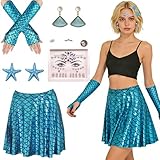 GOUYENG Falda de Sirena para Playa,5 Piezas Disfraz de Sirena,Disfraz de Fiesta para Mujer,Falda de Escamas de Pescado,Gemas Facial,Guantes Codo Sirenas,para Fiestas,Carnaval,Disfraces de Halloween