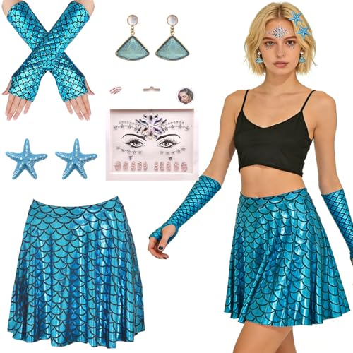 GOUYENG Déguisement Sirène,5 Pièces Costume de Sirène Femme,Jupe Ecaille de Poisson Brillante,Tatouage de Bijoux de Visage de Sirènes de Strass,Gants...