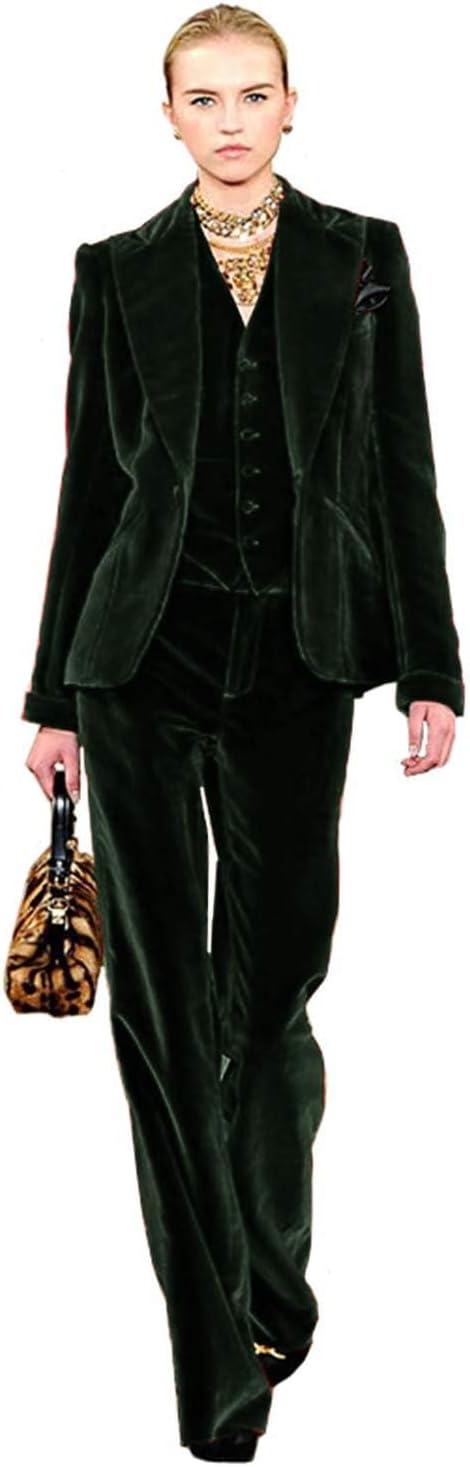 Women's Three Pieces Velvet Suit Single Breasted Button Jacket V-Neck Vest and Pants for Banquet Christmas