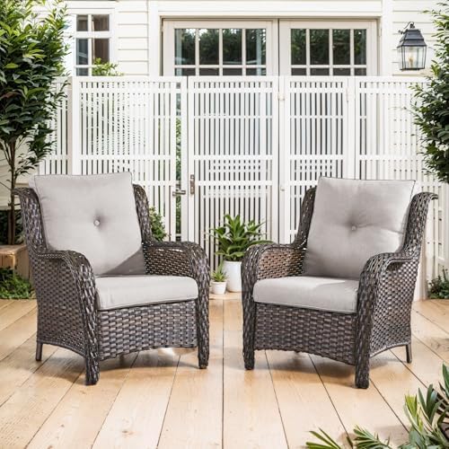 Belord High Back Patio Chairs Set of 2 - Brown Wicker Chairs Outdoor Seating, 4" Wide Armrests Rattan Outdoor Club Chairs with Beige Removable Cushion for Deck Porch Backyard