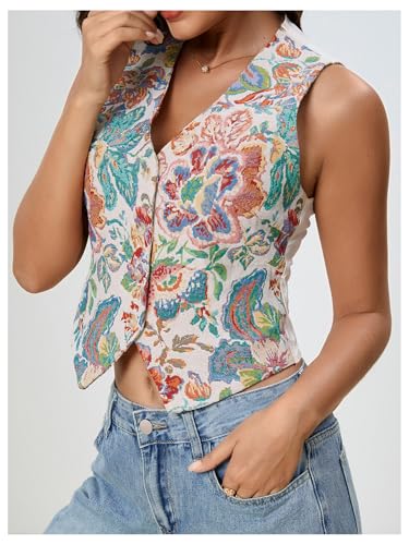 MakeMeChic Women's Boho Western Vest Tops Floral Embroidery Sleeveless V Neck Button Down Jacket Waistcoat3