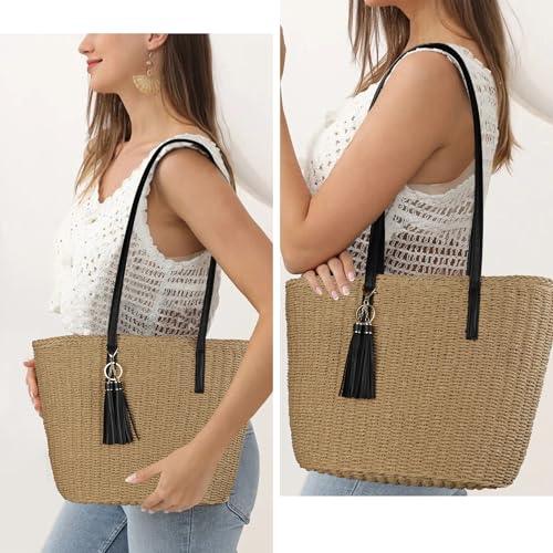 Image of Womens Large Straw Tote Bag Handmade Woven Shoulder Handbag Summer Beach Purse with Tassel