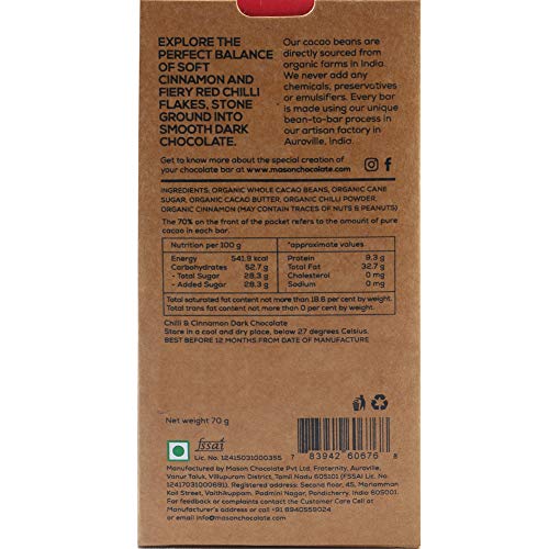 Image of Mason & Co. 70% Chilli and Cinnamon Dark Organic Artisanal Chocolate Bar, 60g