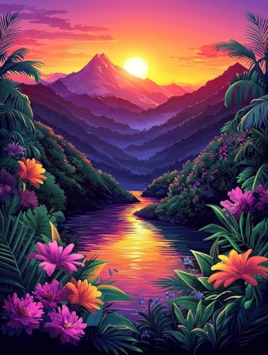 Kit Fleurs Diamond Painting coucher de soleil pour illuminer votre salon d'une toile fait main