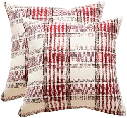 Jiuhong Cotton Linen Throw Pillow Covers Farmhouse Decor Checkers Plaids Square Cushion Case Home Decorative for Sofa Bedroom Car, 2 Pack (Fine Grid red, 18 x 18 Inch) image 5