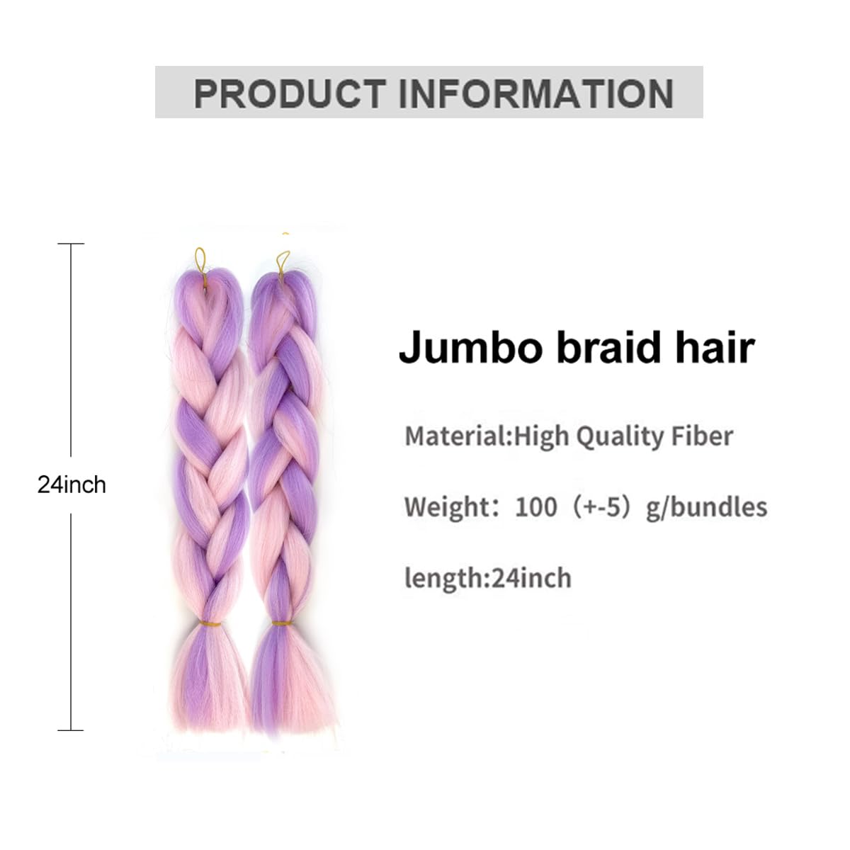 Hair Braids Extensions 2 Tone Synthetic Braid Hair Extension 2pc 24 inches Purple to Light Pink 1520 - Image 3