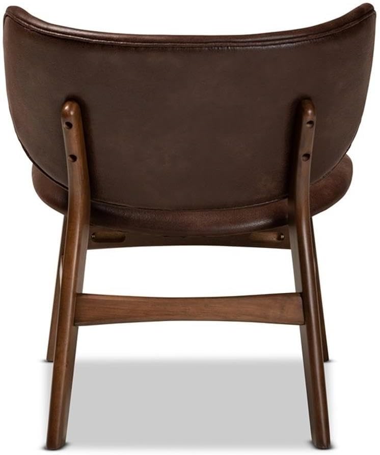 BOWERY HILL Mid-Century Wood/Faux Leather Accent Chair, Walnut Brown Finish, 28.3" H x 24.4" W x 26.8" D, Upholstered Foam Seating, Curved Backrest, Angled Legs, Versatile Home or Office Seating