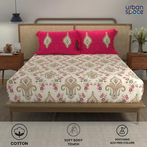 Image of Urban Space 144 TC Divine 100% Cotton Bedsheet for King Bed, Cotton Bedsheet with 2 Pillow Covers (Size 108 x 108 inches, Motif Red, King Size)