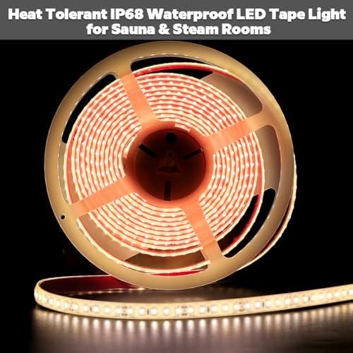Image of SuperlightingLED 24V 2700K Warm White Sauna Lights High Temperature LED Strip IP68 Waterproof, 5m /16.4ft 600 LEDs Flex Cuttable Rope Lights for Sauna, Bathroom, and Shower Niche (2700K Warm White)