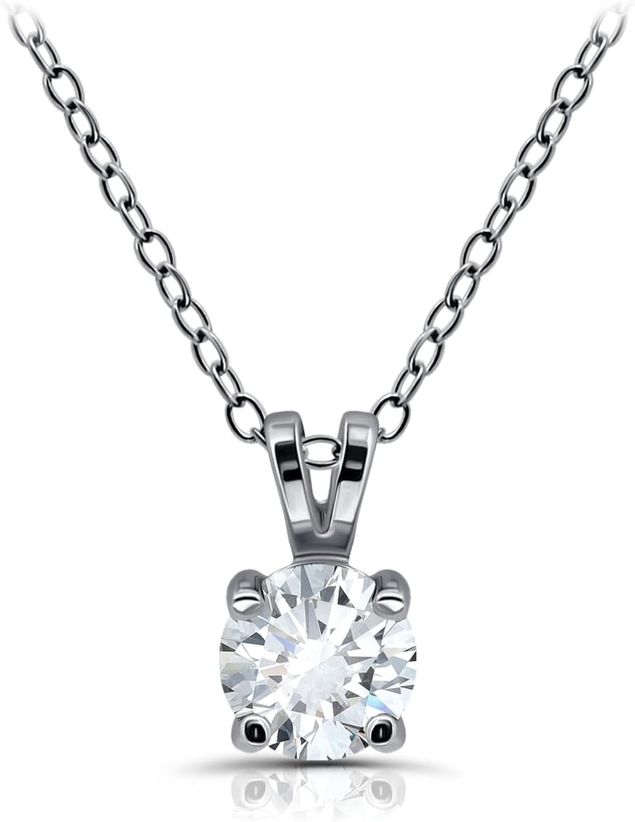 Hoops & Loops 925 Sterling Silver Cubic Zirconia Round Solitaire Necklace for Women, Silver, Yellow Gold, Rose Gold
