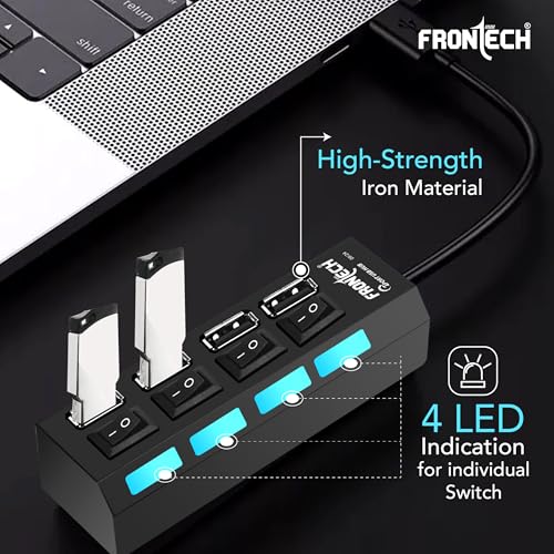 Image of Frontech 4-Port USB Hub with Individual On /Off Switches, LED Indicators, 40 cm Cable, Optional Power Input Port, Plug-and-Play Multi-Device Connectivity, Backed with 1 Year Warranty