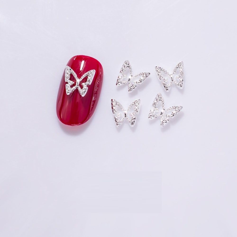 qbodp 50 Pcs Nail Decoration Fashion Nail Decoration Hollow Butterfly Decoration for Nail, Nail Supplies Nail Art Decoration Accessories,Silver,8mm×8mm