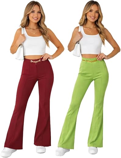 100LUCK Girls High Waist Flared Pants Pack of 2 | Stretchable Bell Bottom Bootcut Trousers | Slim Fit Wide Leg Bell Bottom...
