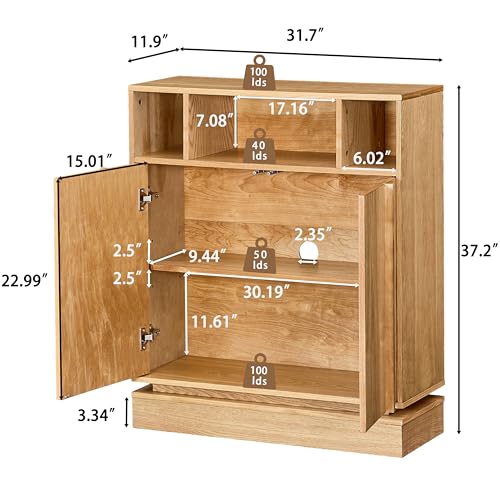 Image of 31.7'' Mid Century Modern Accent Sideboard Storage Cabinet, Natural Wood | 11.9''D Slim Credenza, 2 Doors, 3 Open Cubbies, Adjustable Shelf, for Narrow Entryway, Hallway, Living Room & Dining