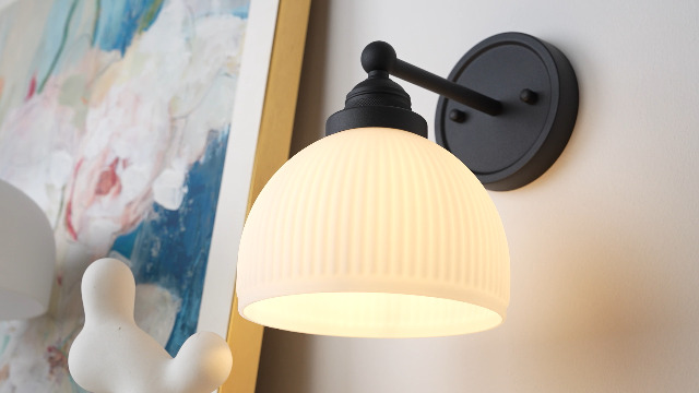 Image of Vintage Wall Sconce 1-Light with White Striped Glass Globe Shade, Indoor Wall Mounted Lamp Fixture for Living Room Bedroom Kitchen Hallway