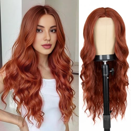 Long Auburn Wig for Women 26 Inch Middle Part Wavy Women Charming Wigs Realistic Natural Looking Synthetic Heat Resistant Fiber Wig for Daily Party Use