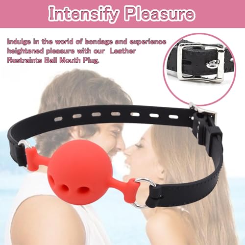 Image of DFsucces Leather Restraints Ball Mouth Plug Silicone Bondage Ball Gag Hollowed-Breathable Silicone Sex Gag Muzzles Adjustable Strap Bondage Harness Restraints-S(BO5)