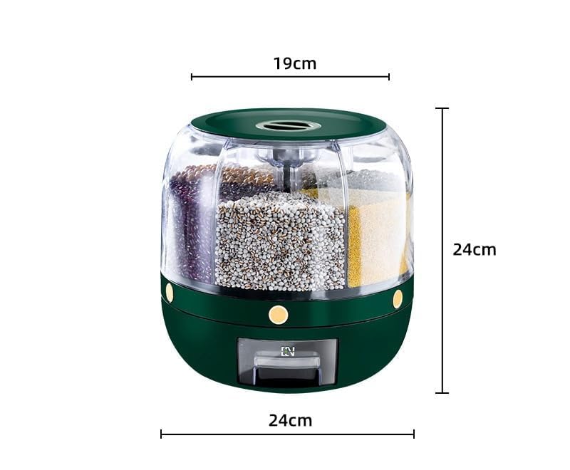 Image of Rotating Grain Dispenser for Kitchen | Multi-Compartment Food Storage Container with 6 Sections | 360 Dry Food and Cereal Organizer for Rice, Pulses, Cereal, Flour, Grains, Seeds (Green)
