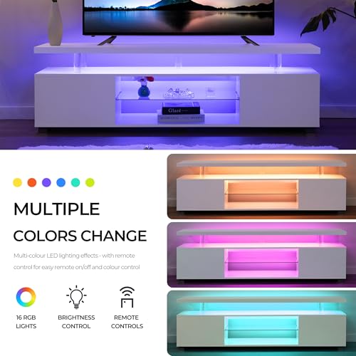 Image of White TV Stand for 70 inch TV, LED Entertainment Center with Storage | Adjustable LED Lighting, Acrylic Columns, Glass Shelf, Spacious Storage, Modern TV Cabinet for Living Room