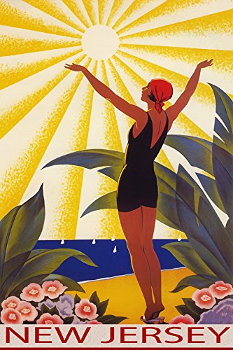 New Jersey USA Paradise Woman in a swimsuit with her arms raised to the sun on a beach flowers sailing boats Tourism Travel Vintage Poster Repro 12"X16" Image Size on CANVAS Fine Art Print Poster Shipped Rolled-up