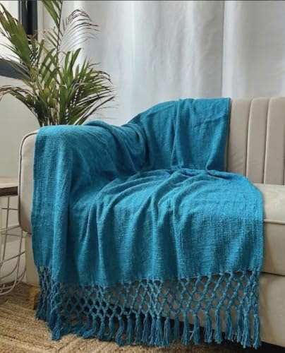 Image of HAKAM Cotton Throw Blanket with Macrame Tassels for 3 Seater Sofa | Ideal for Your Home, Living Room, Sofa, Bed, Chair, Picnic & Used for Gift - 50X70 inch (Peacock Blue, 128x178 cm)