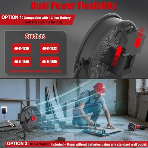 T-SUNiceM 16" Cordless Jobsite Fan Compatible with Milwaukee M18 18V Batteries, Battery Powered Floor Fan with AC Adapter, 2500 CFM Strong Airflow, Adjustable Speed, Tilt Head, USB Output, Tool Only — view 2