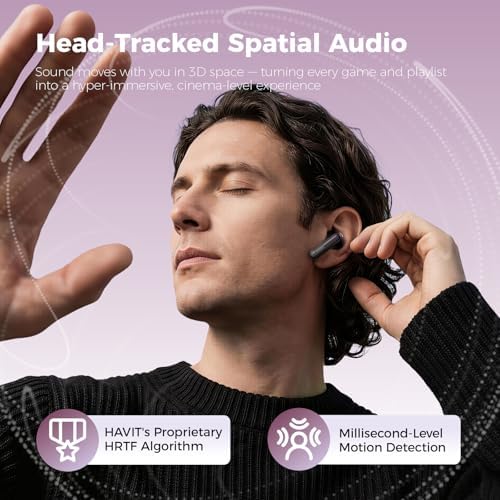 havit Space T1 Wireless Earbuds, Adaptive Hybrid Active Noise Cancelling Bluetooth Earbuds, 6-Mic AI ENC, Head-Tracked Spatial Audio, 40.5H Playtime, Semi-in-Ear Fit, Bluetooth 6.0, IP54, Black - 3