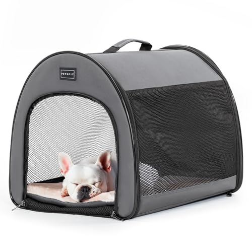 Petsfit Hundebox faltbar für kleine Hunde Katzen, tragbare & Atmungsaktive Hundebox für Zuhause mit Gewölbtem Design, Zimmerkennel Hund Hundeschlafbox mit Anti-Offener Reißverschluss und Plüschkissen