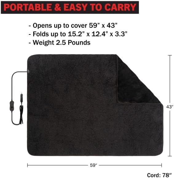 Miniatura 7 de Stalwart Manta térmica para automóvil, manta térmica de 12 V para automóvil, camión, RV o campamento, manta eléctrica portátil de viaje de 59 x 43