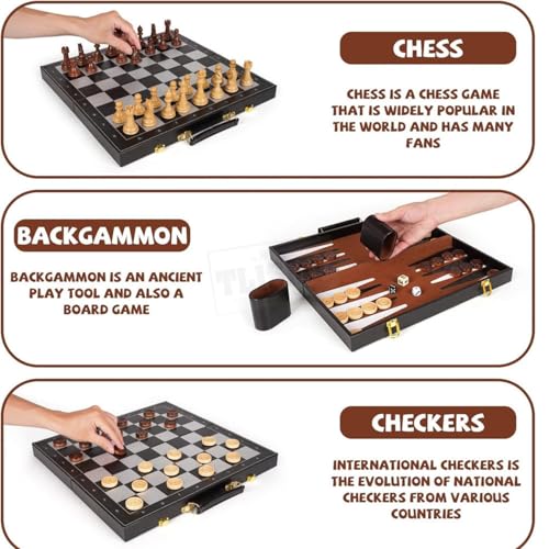 Image of Chess Checkers Backgammon 3 in 1 Board Games for Kids and Adults | Foldable Magnetic Portable Travel & Educational Indoor Activity Game Set | Suitable for Boys and Girls (15 Inches)