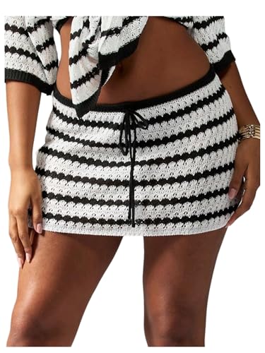 Verdusa Women's Striped Crochet Knit Skirt Summer Drawstring Waist Bodycon Mini Skirts