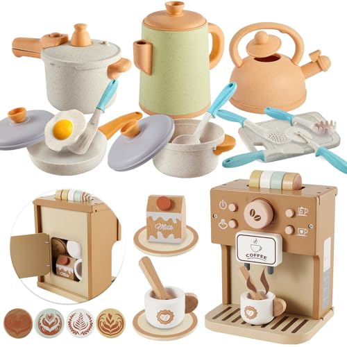 Buyger Pretend Role Play Kitchen Accessories Bundle with Coffee Toy Playset, Cookware Pots and Pans Cooking Utensils Tea Cup Playset Gifts for 3 4 5 Years Old Kids Girls Boys Toddler