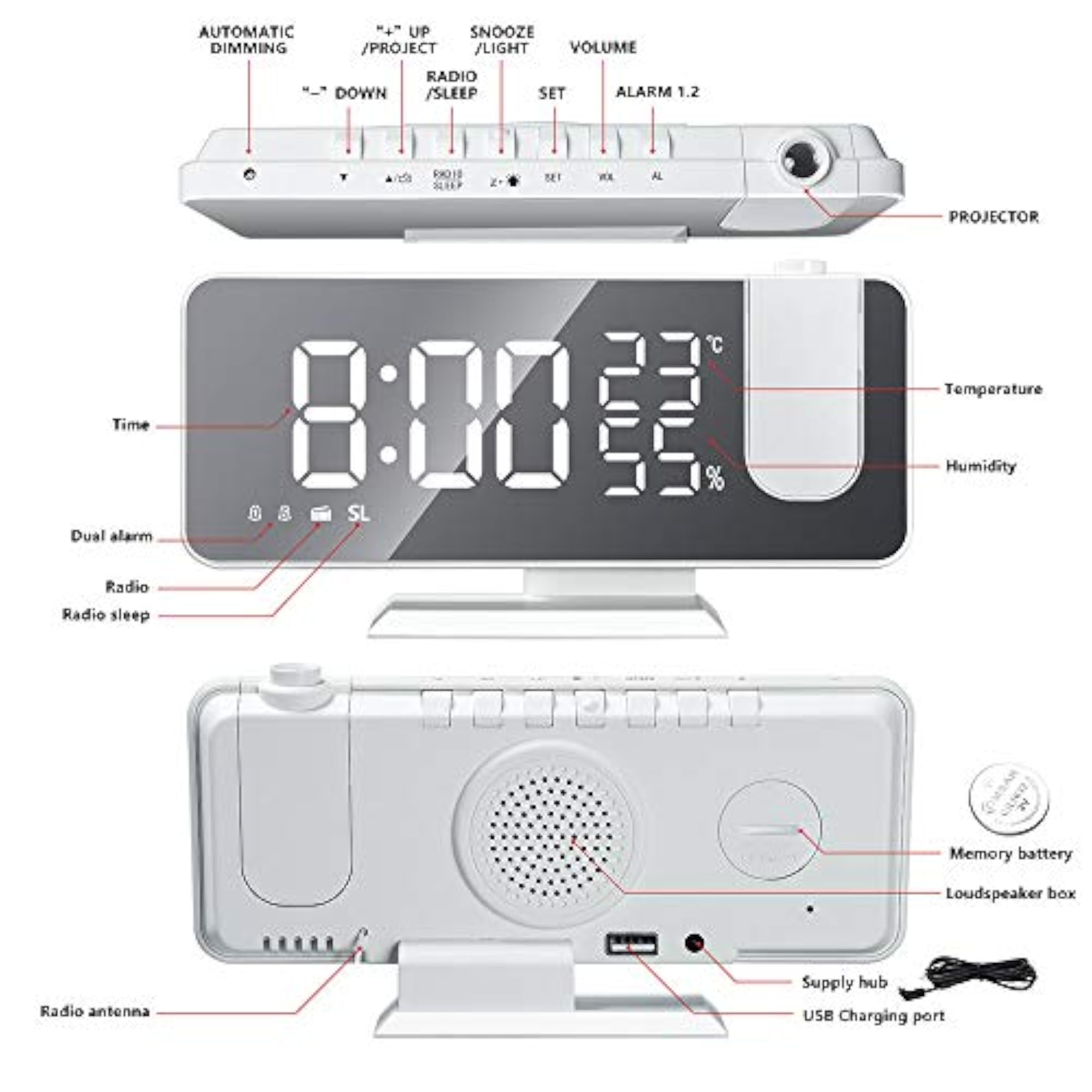 Projection Alarm Clock, Mirror LED Design with Hygrometer