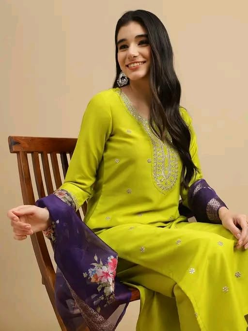Image of Women's Embroidered Straight Kurta Set with Pant and Floral Silk Dupatta