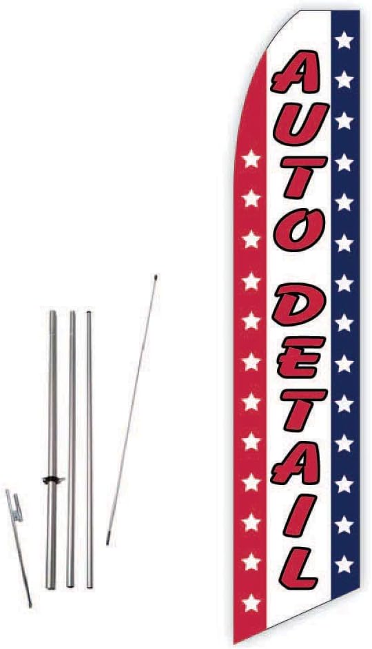Auto Detail (Stars/Stripes) Super Novo Feather Flag - Complete with 15ft Pole Set and Ground Spike