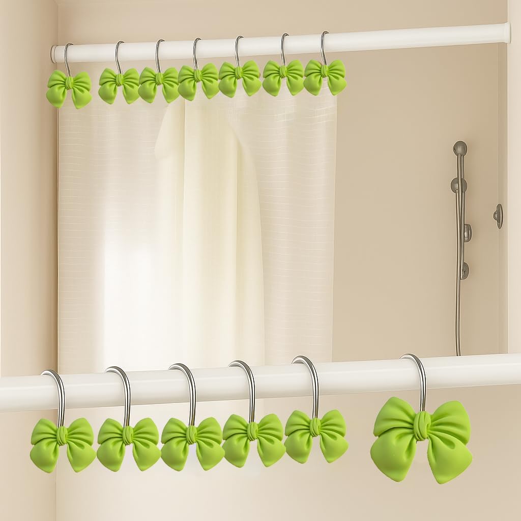 Green Bow Resin Shower Curtain Hooks, Set of 12 - Bright Green, Decorative, for Girls Bathroom, Room image 4