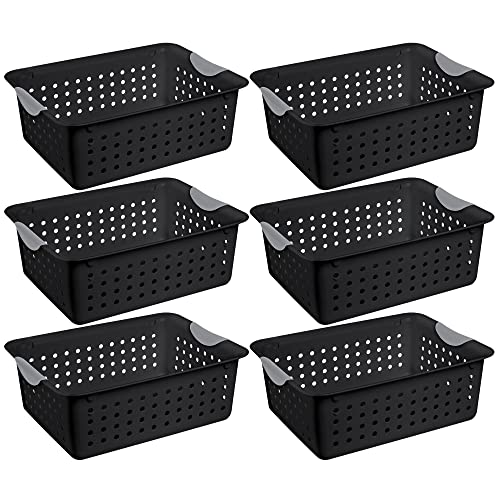 Sterilite Medium Ultra Basket, Closet Organizer Bin, Cabinets, Pantry, Shelving and Countertop Space, Black, 6-Pack