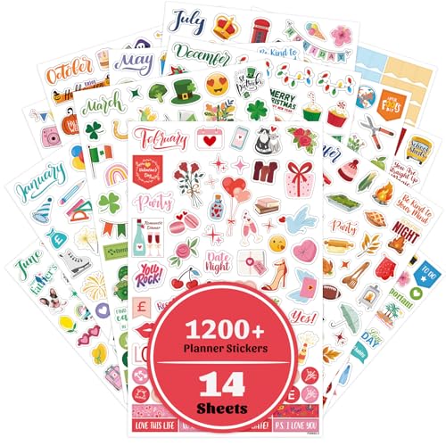 FULLVINTAGE - Planner Stickers - 14 Sheets Set of 1200+ Monthly Seasonal Stickers for Journals, Planners or Calendars - -5%