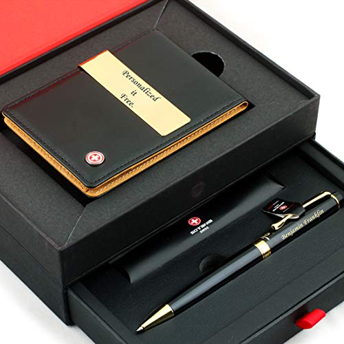 Sotania Free Engraving - 24K Gold, Mens Leather Money Clips, Roller Ballpen, Ballpoint Pen, Ball Pen, Groomsmen Gift,Three Lines Each 20 Characters, Free Customization (Black) #TOP8