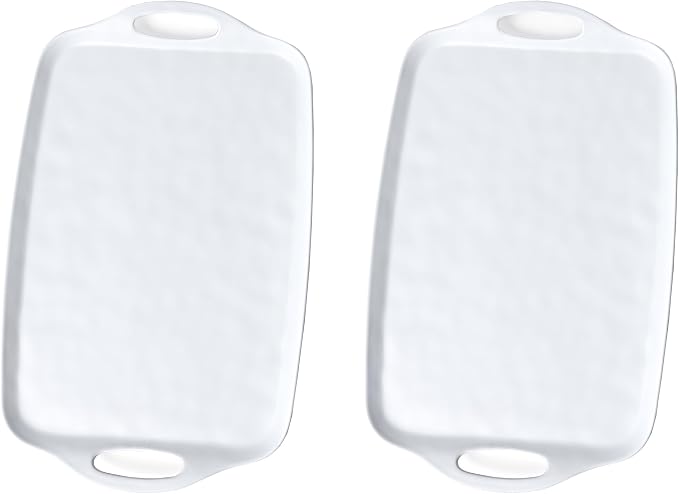 Large Serving Tray Set of 2 – 19 x 12 Inch White Rectangular Melamine Trays with Handles – Durable Plastic Food Serving Tray for Snacks, Meals, Parties, Outdoor & Indoor Use