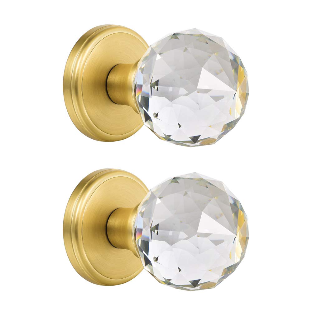 CLCTK 2 Pack Crystal Glass Dummy Door Knobs, Inactive Round Half-Dummy Door Knob Set, Single Side, Satin Brass