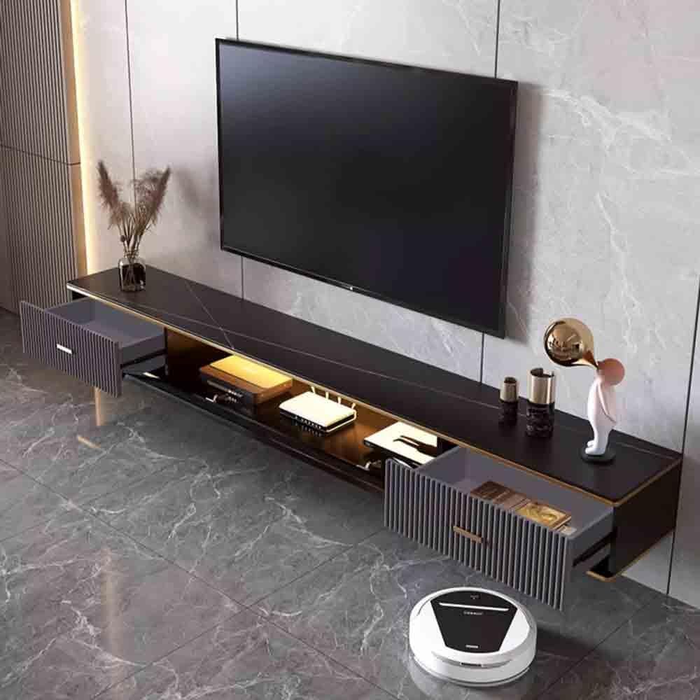 Nowoczesna pływająca szafka pod telewizor z oświetleniem LED, nowoczesne centrum rozrywki (biała, 220x25x23cm)