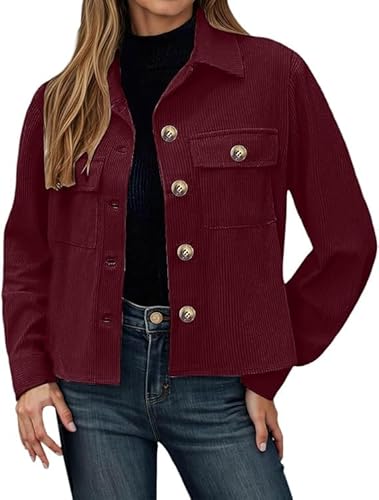 Kenhansion Cropped Jacket for Women Fashion Crop Corduroy Jackets Long Sleeve Button Down Outwear Trendy Tops with Pockets (Wine Red,XX-Large)