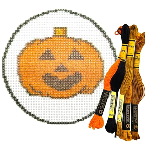 Image of Howie's Needlepoint Needlepoint Kits, 18CT Printed Embroidery Pattern Starter Kits, Stamped Patterns Canvas Kits(Jack-o'-Lantern,4x4inch)