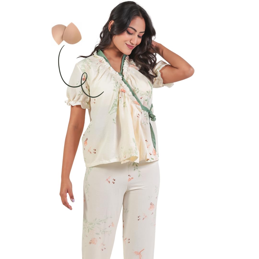 Korean Style Braless Cotton Nightsuit Set for Women | Floral Print Co-ord | in-Built Pads-image-29