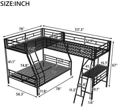 Bellemave L-Shaped Metal Triple Bed with Desk, Twin Over Full Metal Bunk Bed Frame with Loft Bed and 2 Ladders (Black, Twin/Full)